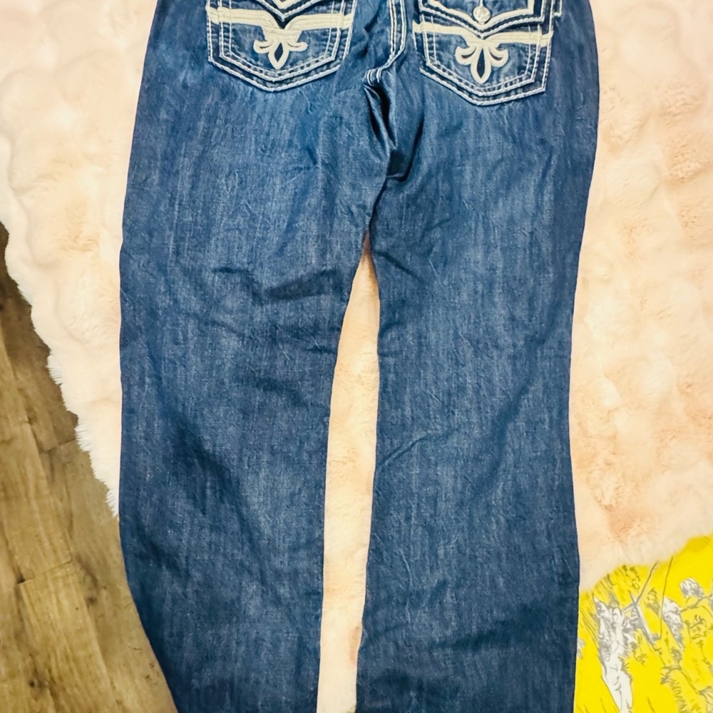 Rock Revival Men's Bootcut Jeans - Dark Blue Denim with Orange Logo - Picture 6 of 8